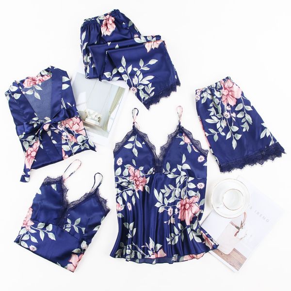 

women's sleepwear print flower nightwear sleep set intimate lingerie home clothing 5pcs women casual homewear nightgown summer, Black;red