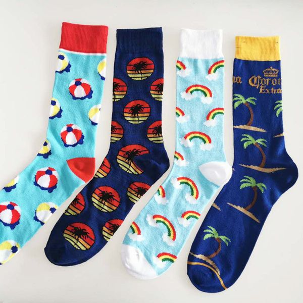 

4 pair new vacation style women cartoon coconut tree ball rainbow pattern couple cute sporting cotton socks man sweat crew socks, Black