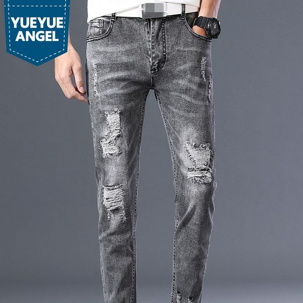 

summer 2020 ankle-length jeans men fashion slim frayed denim pencil pants high street washed light gray casual zipper jeans, Blue