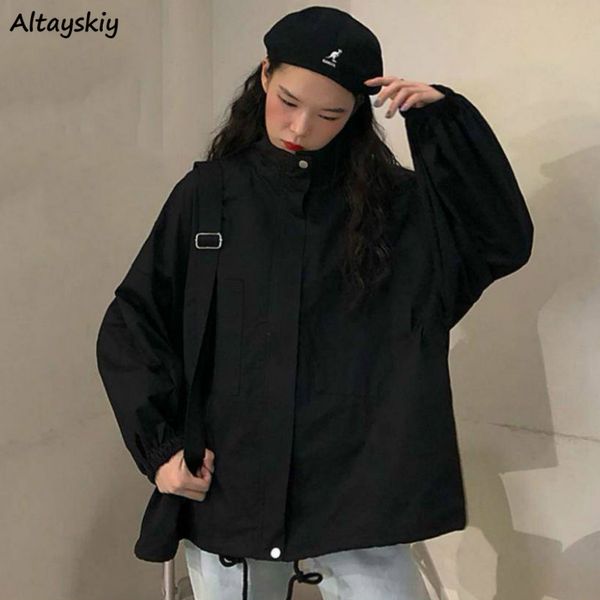 

jackets women spring autumn solid stand collar boyfriend streetwear harajuku all-match oversize outwear students simple couples, Black;brown