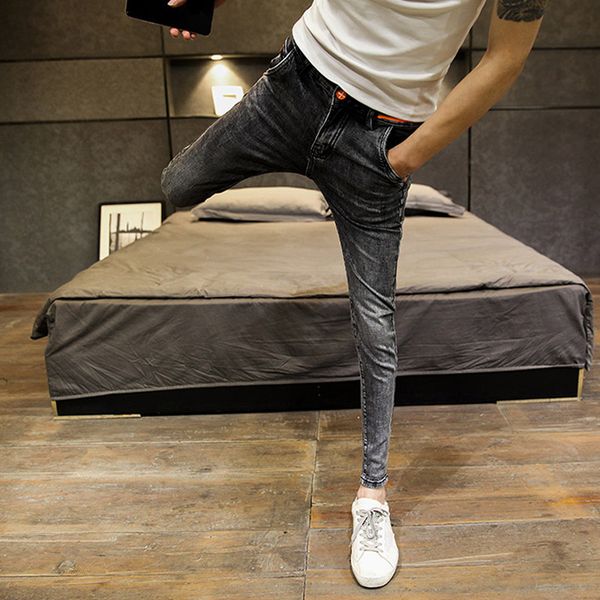 

spring summer 2020 denim jeans new men's korean style slim feet trend pocket students teenagers denim trousers, Blue