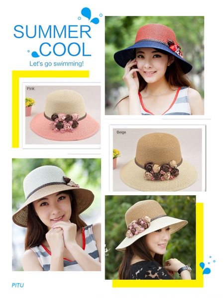 

straw straw female 2020 summer new rose sun hat stylish large edge sunscreen beach hat, Blue;gray