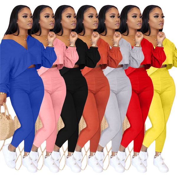

women solid color tracksuit hoodies 2 piece sets long sleeve crop leggings summer fall clothing casual sportswear plus size outfits 3539, White