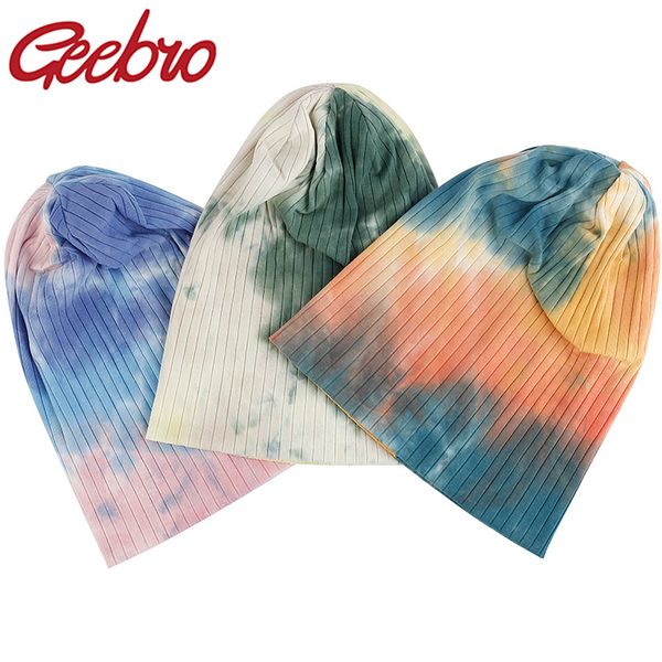 

beanie/skull caps geebro women tie dye ribbed soft beanie hat slouchy ladies autumn cotton multicolor skullies bonnet baggy hats, Blue;gray