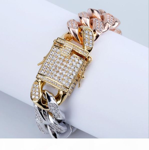 

g cross -boundary style zircon jewelry cuban -link bracelet men 's 14 -18mm tri -color rainbow gold bracelet, Slivery;golden