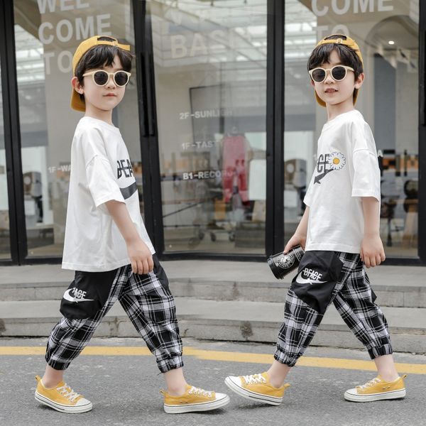 

ojpuu костюм 2020 лета новый одежды и подсолнечника с короткими рукавами футболки для мальчиков детская футболка детская одежда плед пят ско