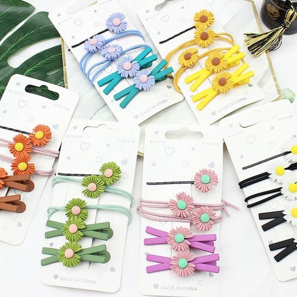 

5pcs/set cute daisy flower hair clip fashion elastic hair ring rope bands hairpins ponytail girls kids holder accessories, Slivery;white