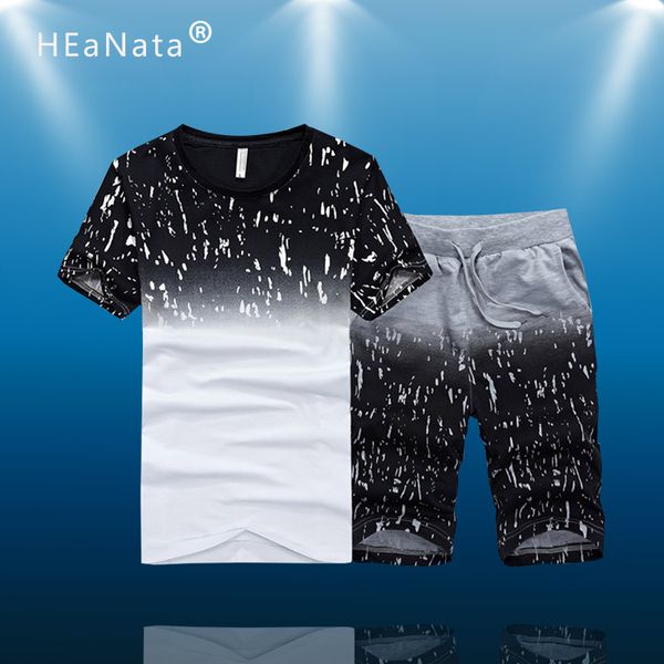 

tracksuit men sport gym clothing sportswear set fitness summer print men shorts + t shirt men's running suit 2 pieces sets plus, Black;blue