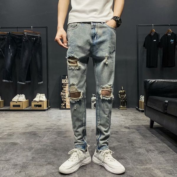 

wholesale 2020 hip hop teenagers slim jeans men summer thin ripped patch cropped trousers stretch skull print beggar denim jeans, Blue
