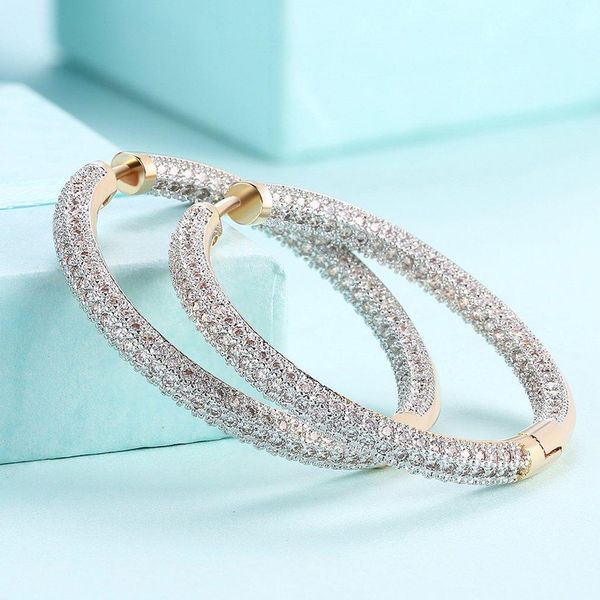 

1 pair luxury zircon inlaid ear hoops women ear rings round champagne gold color earrings fashionable ornaments for women, Golden;silver
