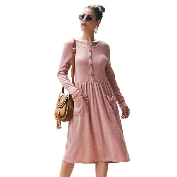 

2020 new lady long sleeve dress with button for autumn winter, Black;gray