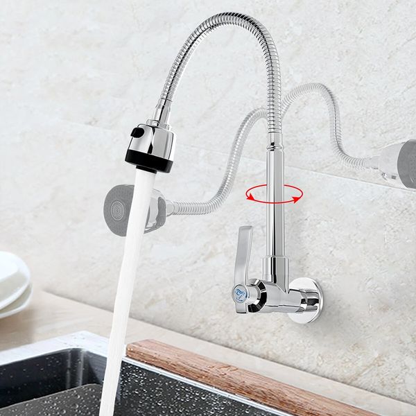 

360° rotation brass kitchen sink faucet single cold tap wall mount