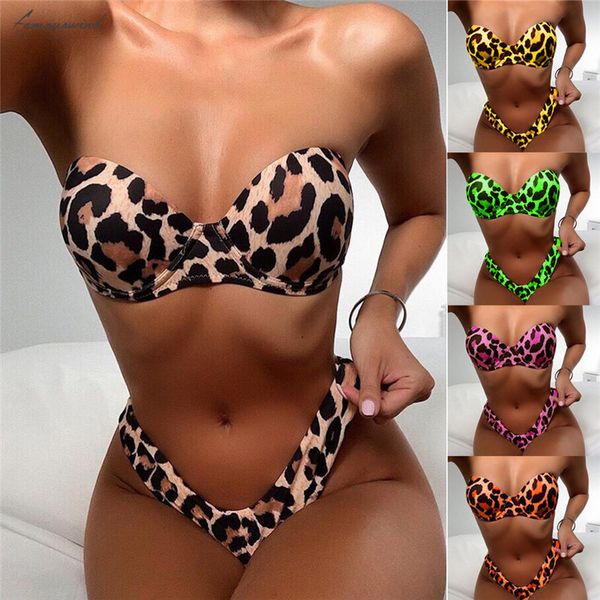 

womens ladies padded push up bikini set swimsuit strapless leopard print beachwear bathing suit swimwear beachwear, White;black