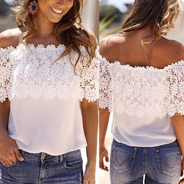 

women chiffon blouse patchwork white lace floral off shoulder slash neck casual loose female drop shipping
