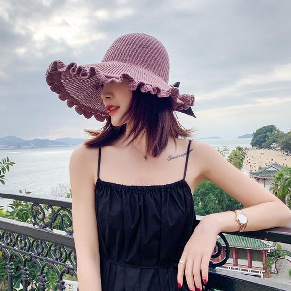 

knitted empty wave eaves sun hat female foldable hat summer outdoor sun, Blue;gray
