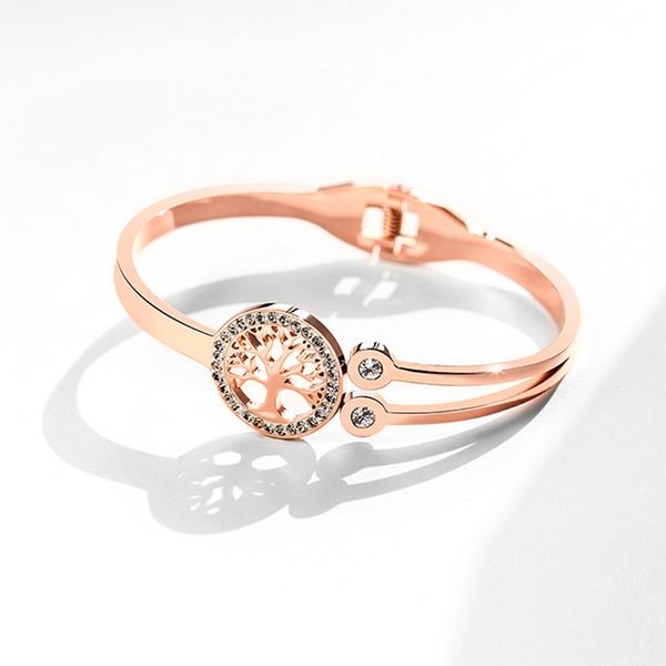 

round hollow out tree of life titanium steel open bracelets for women simple titanium steel inlaid rhinestone jewelry bangles, Black