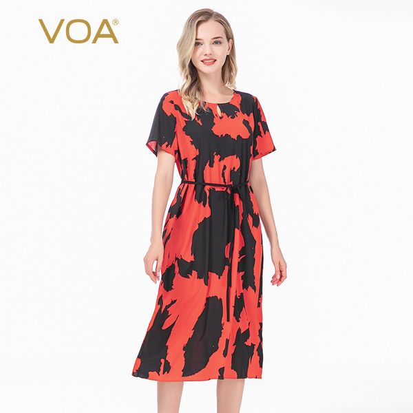 

voa black red printed silk round neck short sleeve lace-up waist hugging slim fit breathable pullover dress ax86, Black;gray
