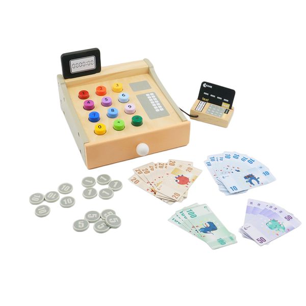 

wood baby toys cash register for kids and children cash register including accessary 30pcs paper cash 15pcs coins 1pcs bank card