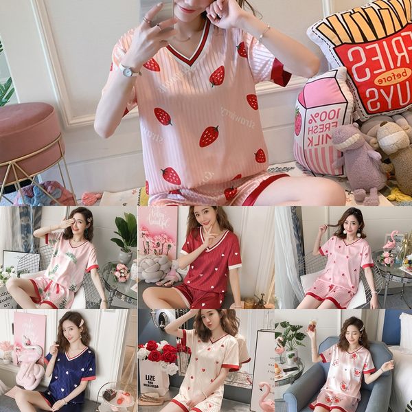 

лето пижамы моделирования льда шелковые пижамы лето персик сердца мило тонкая имитация шелка домашней одежды двухсекционный костюм женщин дл, Blue;red