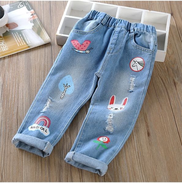 

tong kexing 2020 jeans wear children's clothing autumn girls cartoon printed hole jeans children's baby all-match pants, Blue