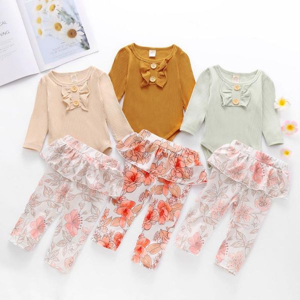 

spring summer baby girls outfits baby girl cotton long sleeve o-neck romper floral printed pants set 0-18m d30, White