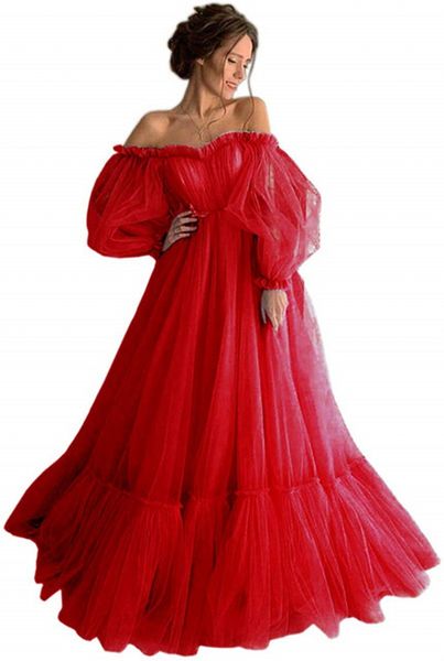 

custom made red prom dresses long sleeve off the shoulder princess dress tulle lace-up formal evening party dresses plus size, Black;red
