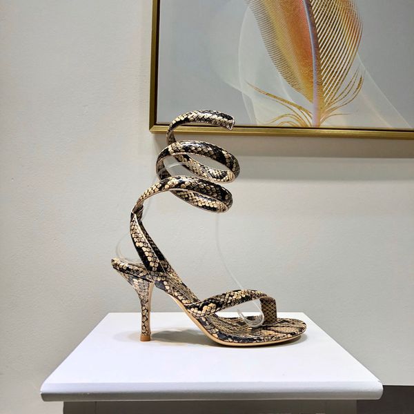

new shoes woman summer ankle strap spiral sandals , python-printed calf leather fashion party dress high heels, Black