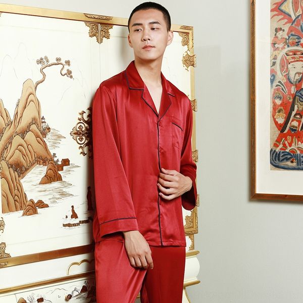 

large size new imitation silk furnishing clothing home clothes men's pajamas long sleeve men's home clothes pajamas suit, Blue;red