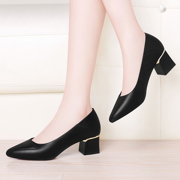 

leather heel dress shoes womens pumps heels wedding party shoes for women block heels fashion comfortable elegant women, Black