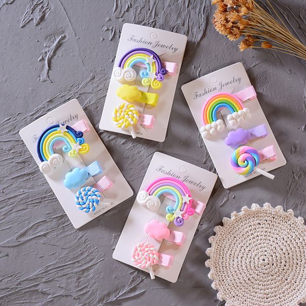 

3pcs rainbow lollipop cloud hair clip girl bangs side hairpin cartoon colorful kids hair accessories princess barrette headwear, Slivery;white