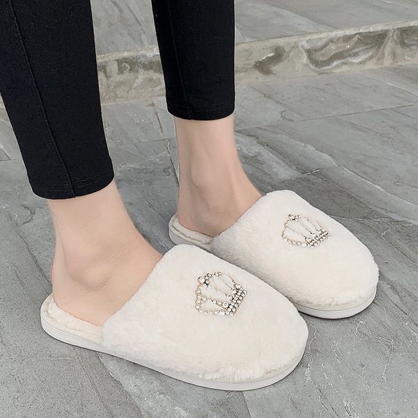 

winter fashion women home slippers faux fur warm shoes woman slip on flats female fur 1.5cm heel plus size 36-41, Black