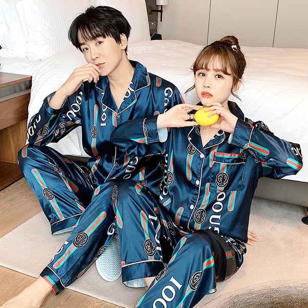 

lovers' ice silk pajamas home clothes set women's pajamas men's korean silk autumn thin long sleeve home clothes set, Blue;red