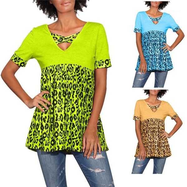

neck panelled casual tees famale loose clothes women leopard short sleeve tshirt summer v, White