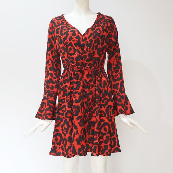 

leopard print mini dress 2020 women deep v neck animal print dress autumn long flare sleeve ruffles vintage dresses, Black;gray