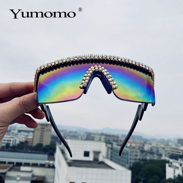 

sunglasses oversized mirror fashion rhinestone women men luxury one piece sunglasses men crystal google sunglasses eyewear uv400 ch01, Blue