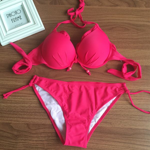 

2020 new bikini set ruffle cheeky ruched swimsuit push up bra beach wear spandex halter neck amp;back bathing suit solid color, White;black