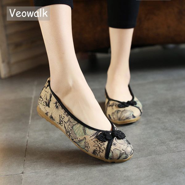 

veowalk chinese knot women floral printed canvas ballet flats retro ladies casual slip-on ballerinas comfort old beijing shoes, Black