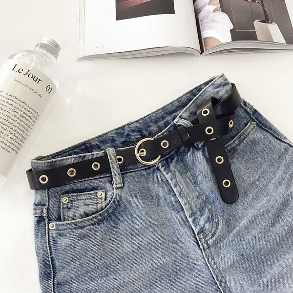 

punch-style punk simple stamping korean fashion hole ring buckle korean belt eye decorative belt women's fashion, Black