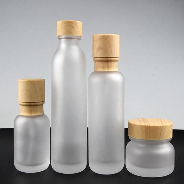 

frosted glass jar lotion cream bottles round cosmetic jars hand face lotion pump bottle with wood grain cap