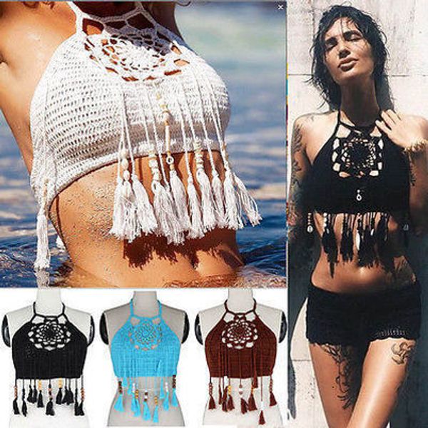 

tank women crochet lace bralette knit bra boho beach bikini halter cami tank crop wholesale, White