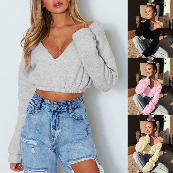 

2020 spring and summer women's wear new four-color dark v-neck off-shoulder long sleeve short sweater woolwool wool sweater fleece, Black