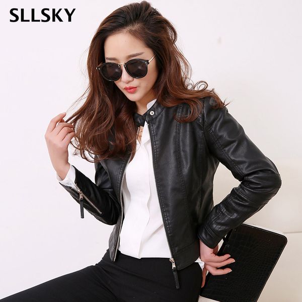 

sllsky motorcycle pu leather jacket women autumn slim european style casual short outwear biker basic 2020 new streetwear coat, Black