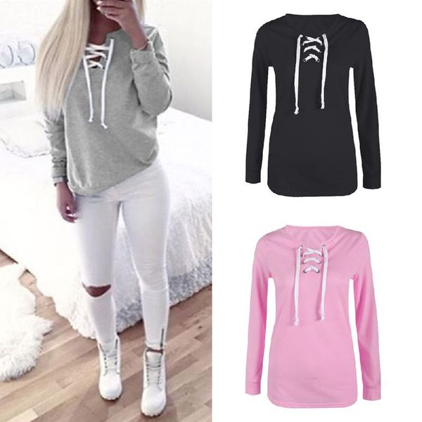 

autumn pullover sweatshirt fashion bandage hoodies women casual loose, Black