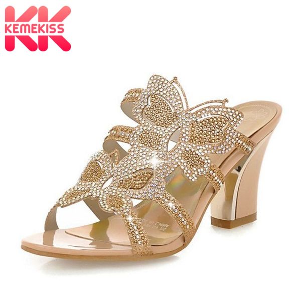 

kemekiss women sandals fashion shine crystal butterfly high heels sandals summer beach slippers shoes women size 32-43, Black