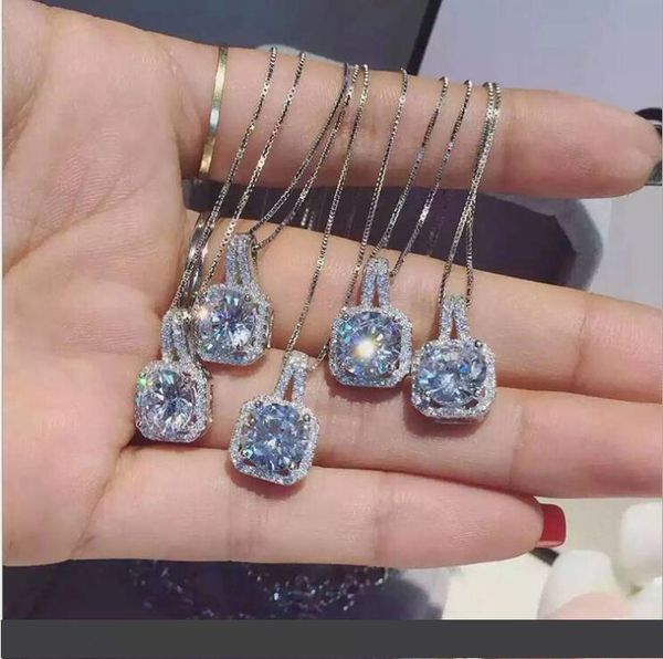 

fashion simple jewelry 925 sterling silver round cut 5a cubic zirconia cz party clavicle chain diamond women cute necklace pendant gift