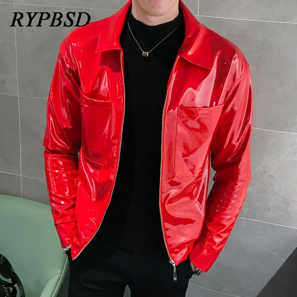 

men's fur & faux red black leather jacket men slim pu fashion shinny nightclub party moto biker outerwear