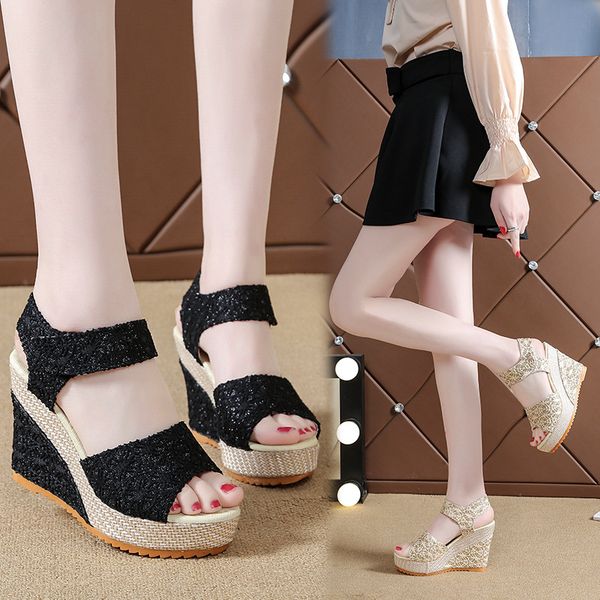 

shoes female sandal wedge beige heeled sandals muffins shoe 2020 summer high heels espadrilles platform open toe comfort, Black