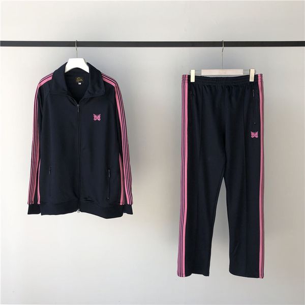 

pink stripe needles awge sweatpants men women drawstring joggers needles pants casual butterfly embroidery awge trousers, Black