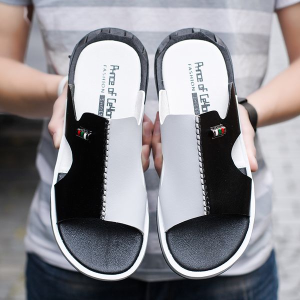 

coslony slides for men slippers leather pu men sandals summer quality beach slippers sneakers outdoor beach shoes big size 45, Black
