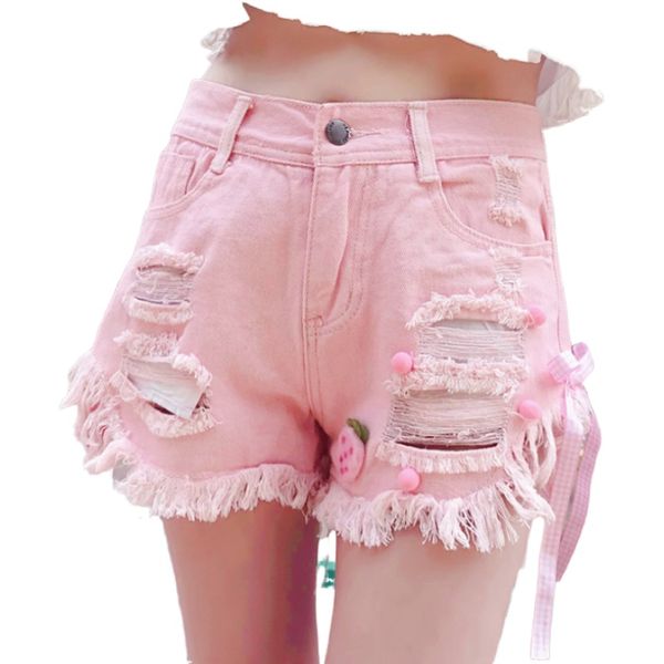 

women's denim shorts hole pockets hight waist straight shorts 2020 spring cute button sweet stye ladies bottoms, White;black